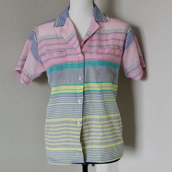 Vintage Tops - Vintage Striped Multi-Colored Pastel Short Sleeve Button Down Shirt